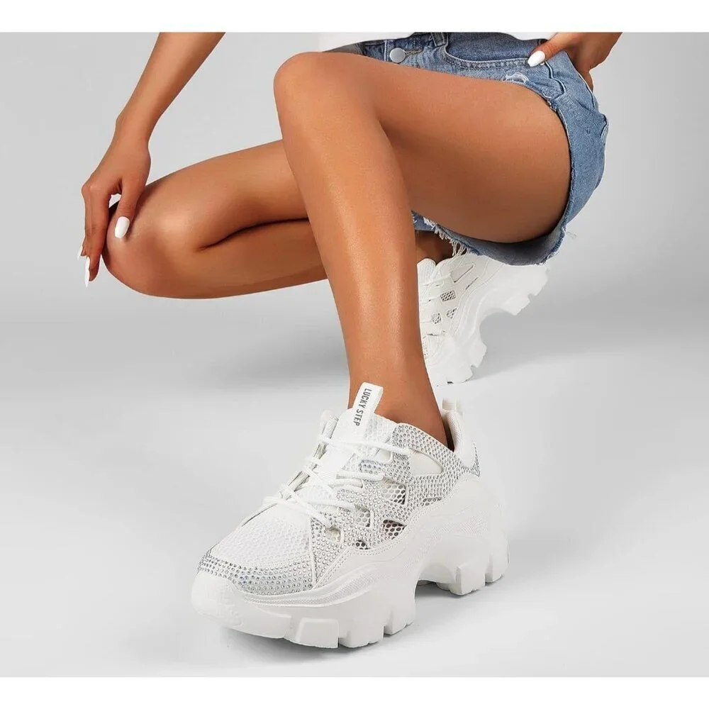 Women White Rhinestone Platform Fuchsia Hologram Casual Lace-Up Sneakers